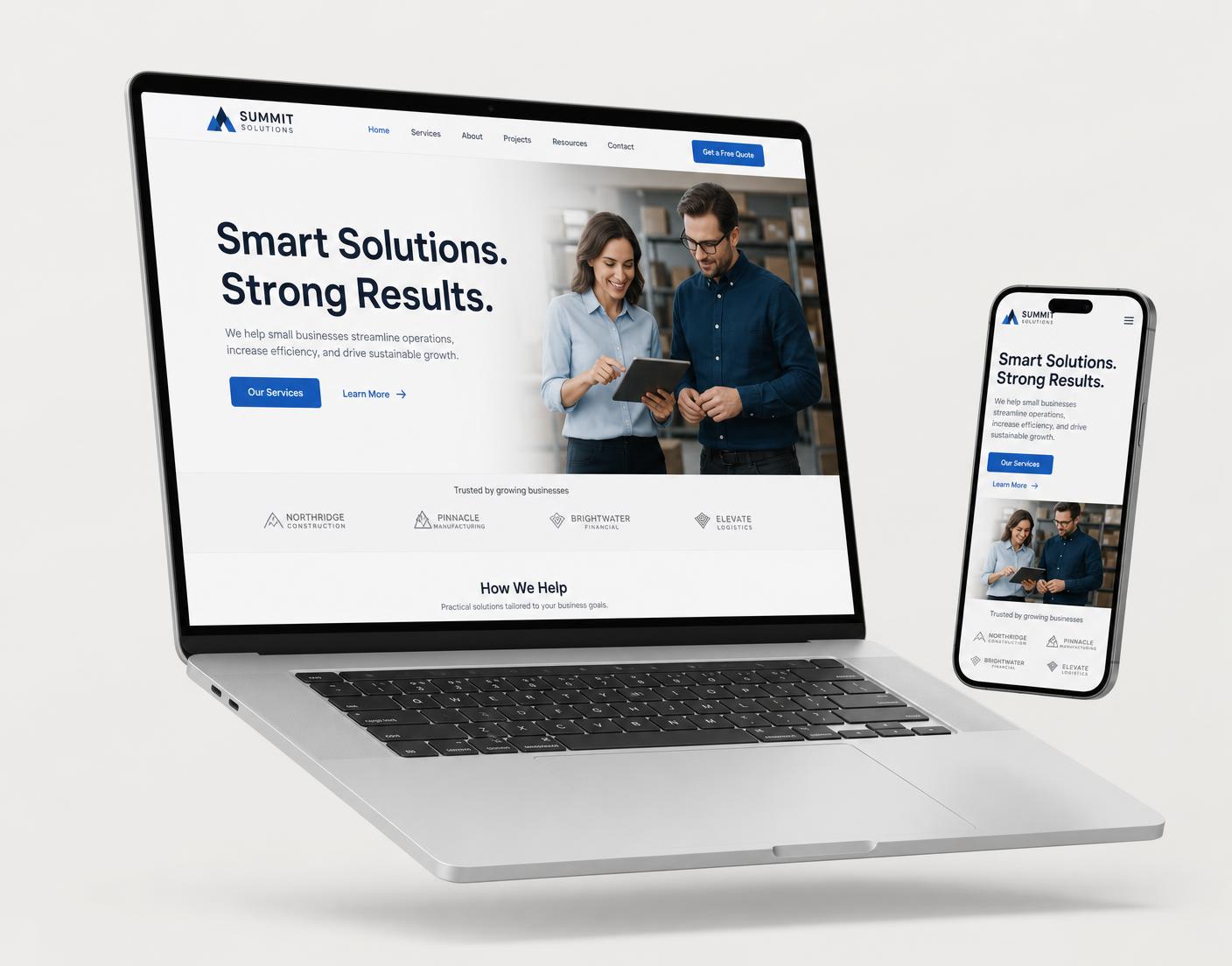 Laptop and phone showing a modern small business website built by LaunchSites Pro